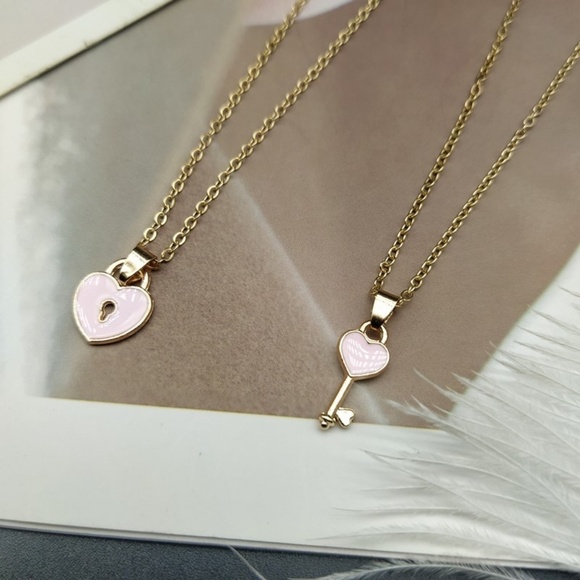 **CARYS* 2-Pc Gold x Pink Heart Lock & Key Fashion Necklace Set - Picture 2 of 2